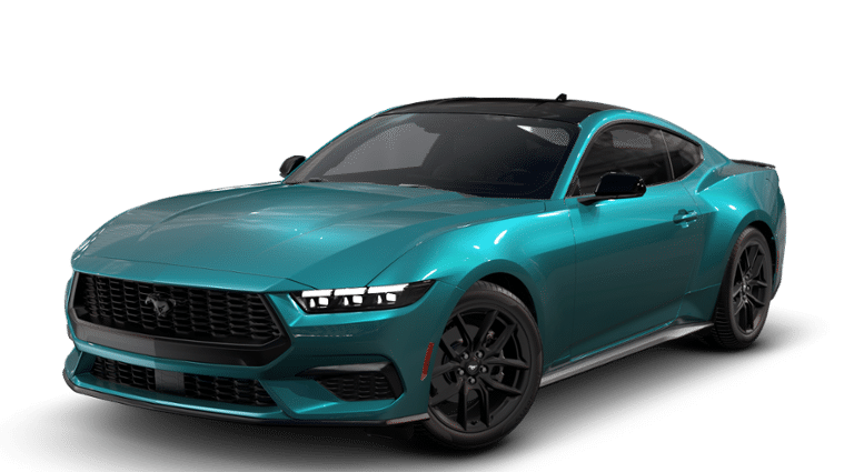 2026 Ford Mustang EcoBoost in Adriatic Blue Metallic — front three-quarter view