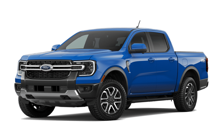 2026 Ford Ranger LARIAT in Velocity Blue Metallic — front three-quarter view